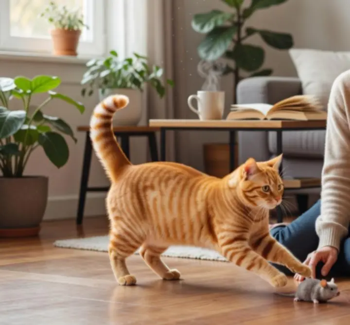 Kat en hond die ontspannen samen spelen tijdens een oppasbezoek.