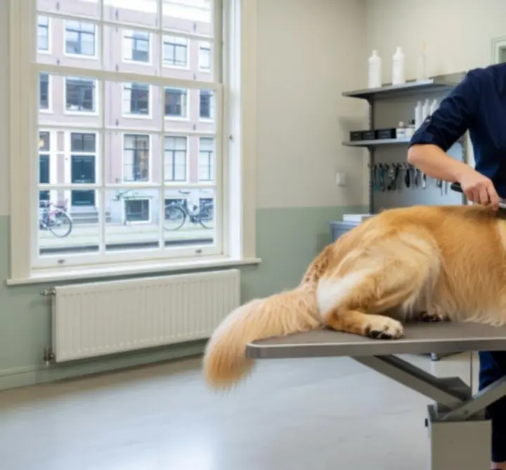 Professionele groomer die voorzichtig de vacht van een hond borstelt