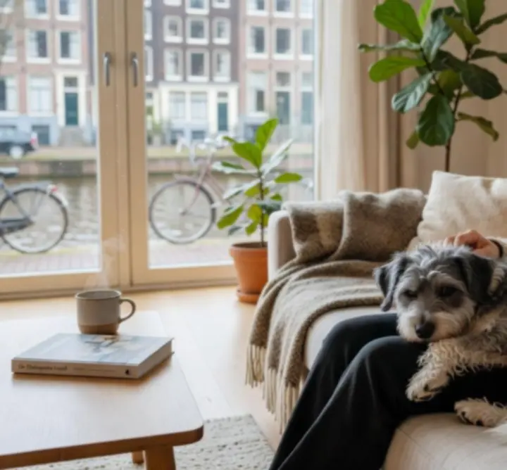 Tevreden klant knuffelt een ontspannen huisdier in een comfortabele omgeving.
