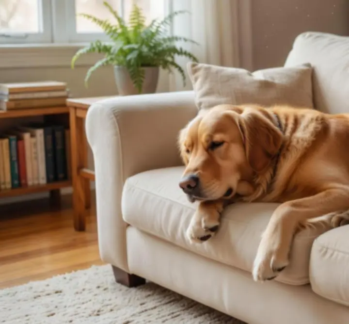 Hond en kat ontspannen samen op een comfortabele bank in een rustige omgeving.