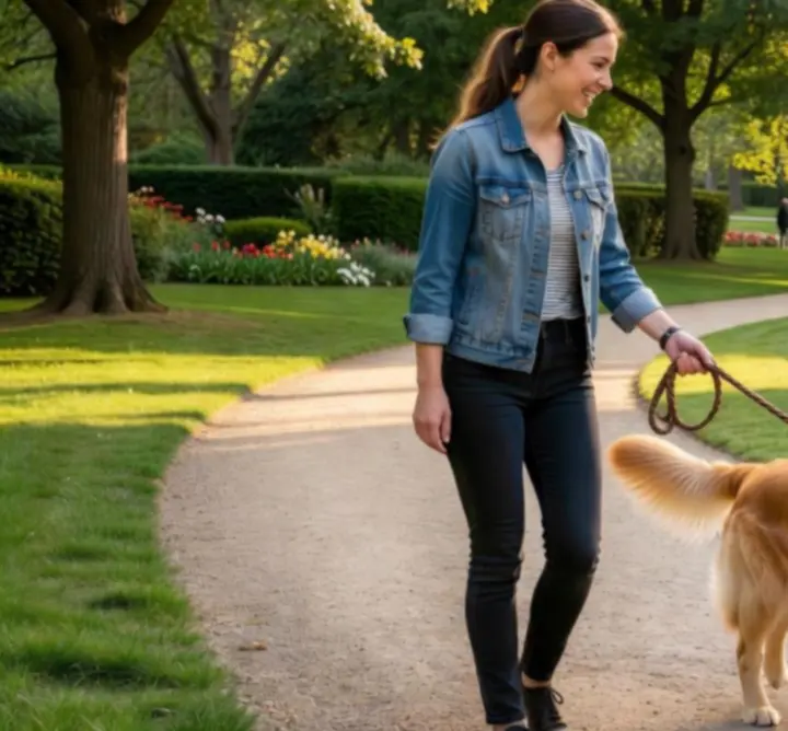 Dierenverzorger die met een hond wandelt in een rustige groene omgeving