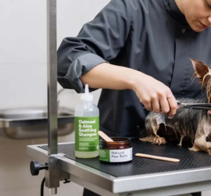 Hond wordt gewassen en getrimd door een verzorgingsprofessional