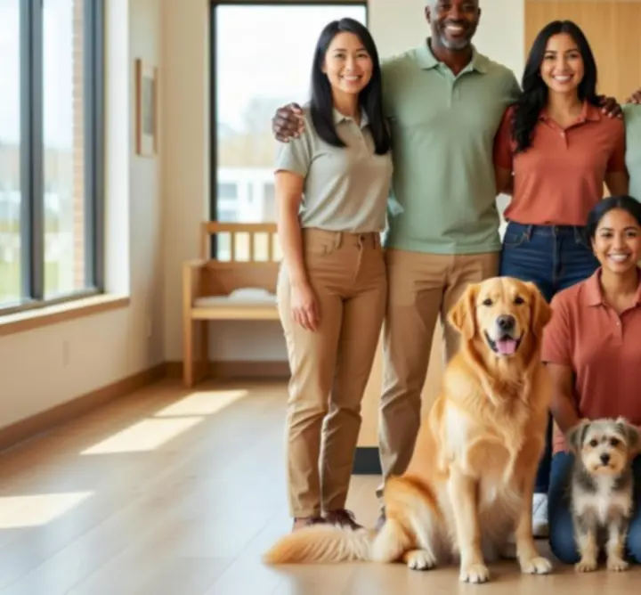 Team van PetComfort Market met dierenverzorgers in een huisdiervriendelijke omgeving